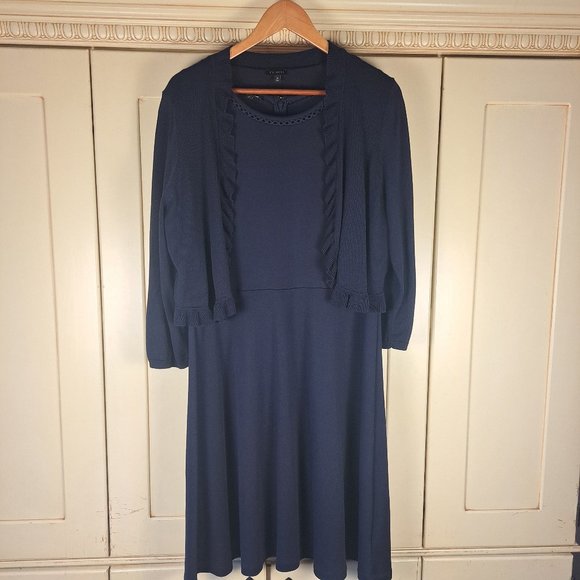 Talbots Women's Navy Cap Sleeve Dress with Ruffle Open Front Cardigan Size XL - Picture 1 of 16